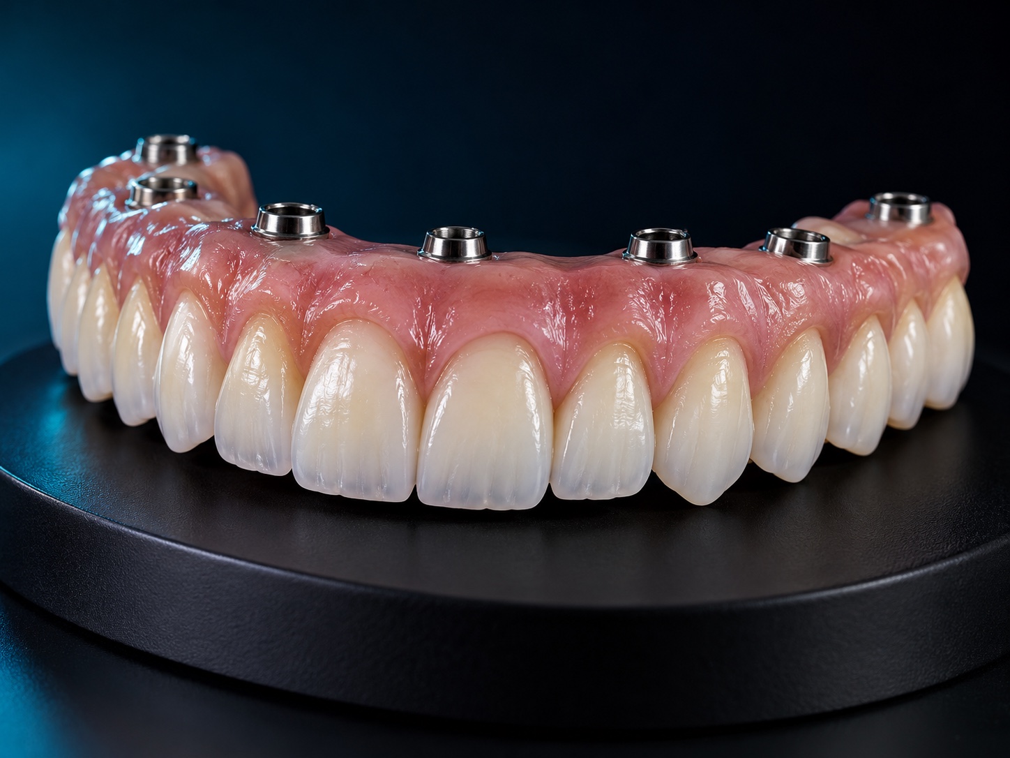 Illustrative full-arch zirconia restoration on a laboratory stand